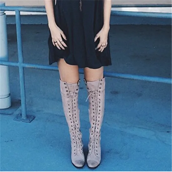 Mid Heel Grey Black Leather Cowboy Women Boots Retro Autumn Winter Boots Lace Up Knee High Boots Shoes Woman Botas Mujer (1)
