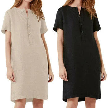 

Ladies Cotton Linen Dresses 4xl Women Casual Wear Sukienka Front Button Dress Midi Elegant Robe Femme Ete 2019 New Fashion Loose