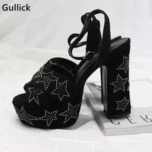 Yüksek Kaliteli Perçin Süslenmiş Beş köşeli Yıldız Çocuk Süet Siyah Sandalet Kadın 4.5 CM Platformu Rahat Tıknaz Topuk ayakkabı