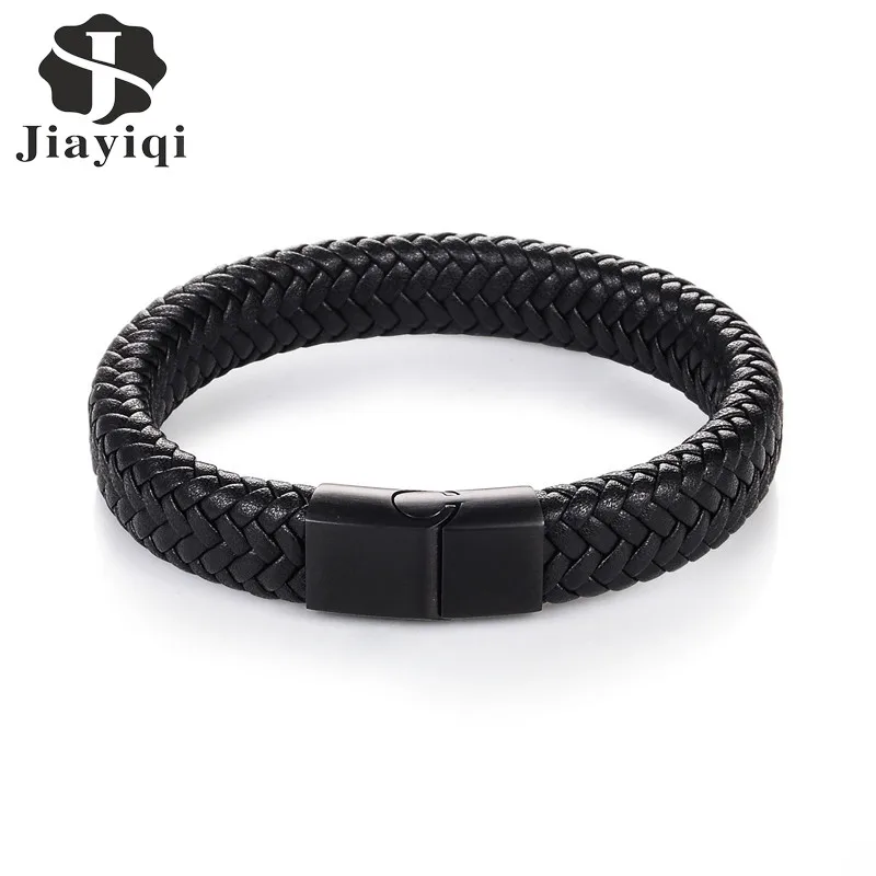 Jiayiqi 2017 Men Jewelry Punk Black Braided Geunine Leather Bracelet Stainless Steel Magnetic Buckle Fashion Bangles 22/20.5cm Jiayiqi 2017 Men Jewelry Punk Black Braided Geunine Leather Bracelet Stainless Steel Magnetic Buckle Fashion Bangles 22/20.5cm