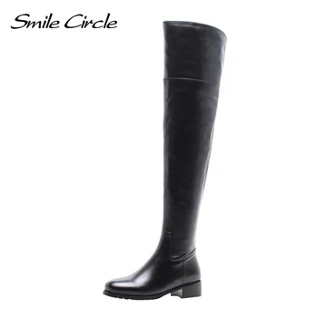

Smile Circle Genuine Leather Woman thigh high boots High-quality Black over knee Long Boots 2018 winter Ladies Shoes
