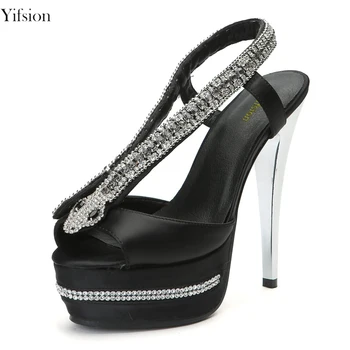 

Olomm Women Platform Sandals Sexy Crystal Thin High Heels Ladies Sandals Peep Toe Black Party Shoes Women US Plus Size 4-9.5