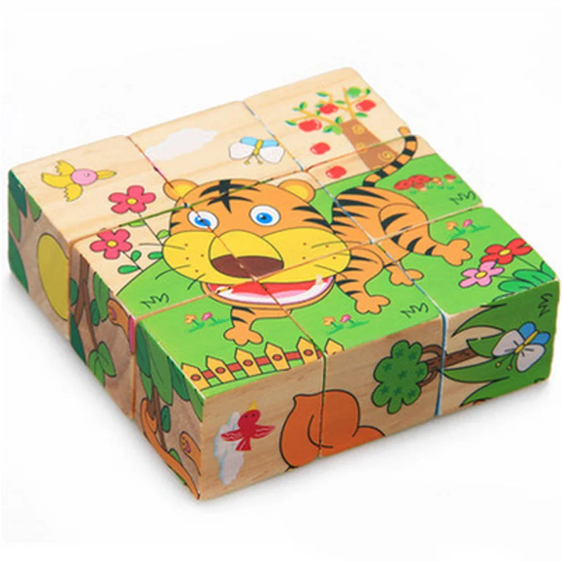 Kopen Zes gezicht Foto Houten Jigsaw 3D Puzzel Speelgoed kinderen Vroege Educatief Speelgoed Kubus Puzzel 10 Types beschikbaar