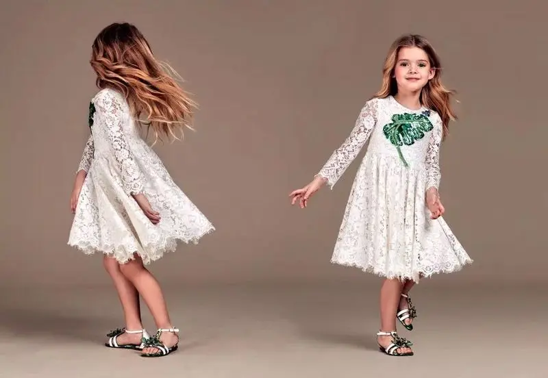 

2017 Spring Long Trailing Flower Girl's Princess Lace Dress Elegant Long Sleeve Flower Edge Party Wedding Dress For 4-12Y