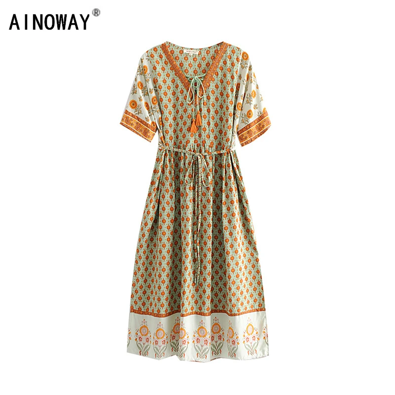 

Vintage Chic women sun Floral print Bohemian beach midi dress Ladies V neck Tassel Summer Boho dress vestidos