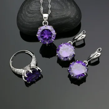 

925 Silver Bridal Jewelry Kits For Women Wedding Jewelry Purple Round Cubic Zirconia Earrings Pendant Necklace Ring Set