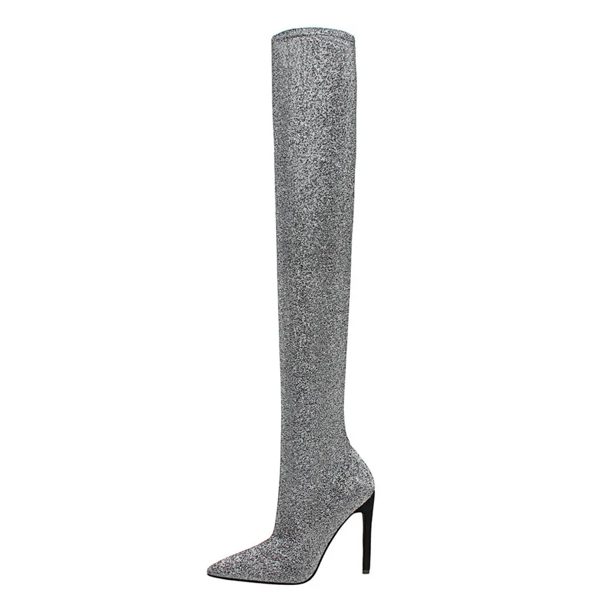 Г., популярные женские сапоги высокие сапоги из эластичной ткани, расшитой блестками, на супертонком высоком каблуке осенние модные женские ботфорты с острым носком