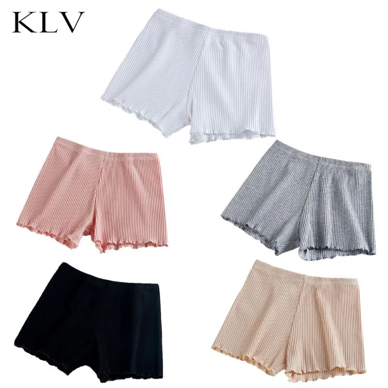 

Ladies Women Summer Thread Ribbed Striped Seamless Stretchy Underpants Solid Color Ruffled Agaric Hem Boxer Shorts