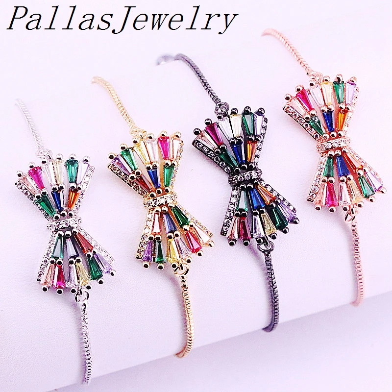 

10Pcs,Beautiful Rainbow CZ Multi Micro Pave Cubic Zirconia Bow Shape Bracelet Charm For Women Jewelry