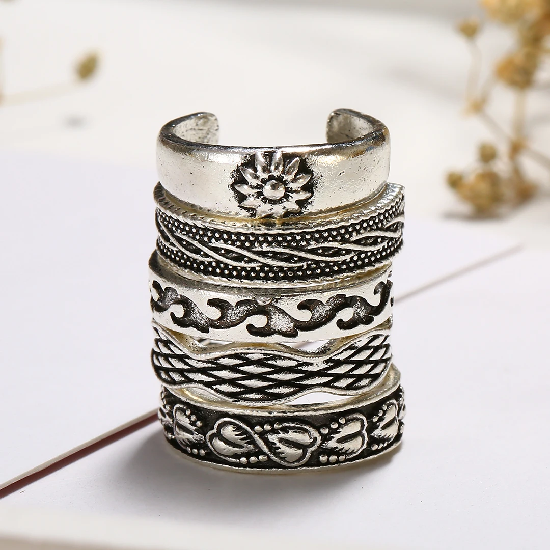 Vintage Antique Silver Carved Flower Toe Ring Foot Jewelry Geometric Metal Wave Flower Toe Ring Adjustable Jewelry For Women