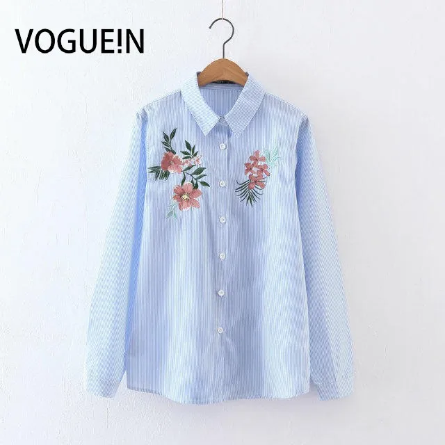 

VOGUE!N New Womens Ladies Spring Striped Print Floral Embroidered Lapel Blouse Tops Shirt Size SML Wholesale