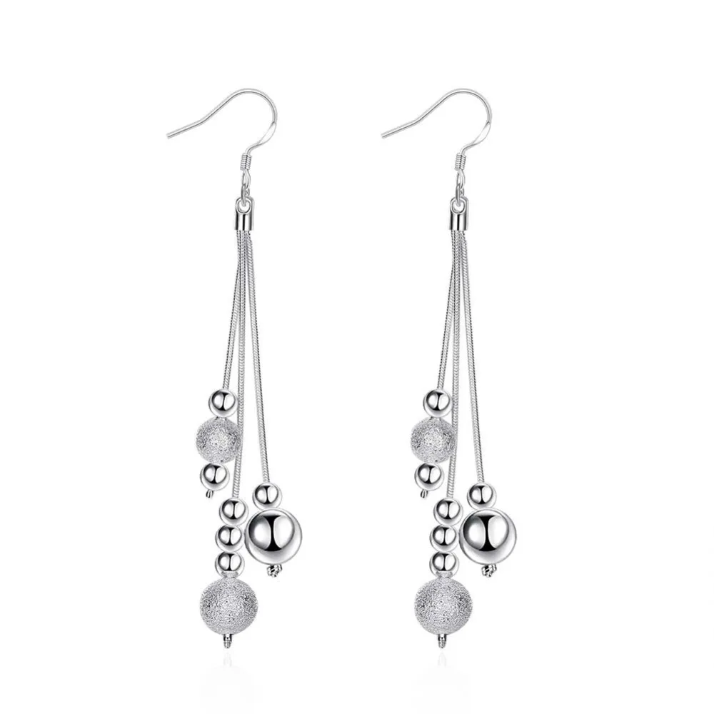 Trendy 925 Silver Plate Earrings Beads Long Drop Earrings For Women