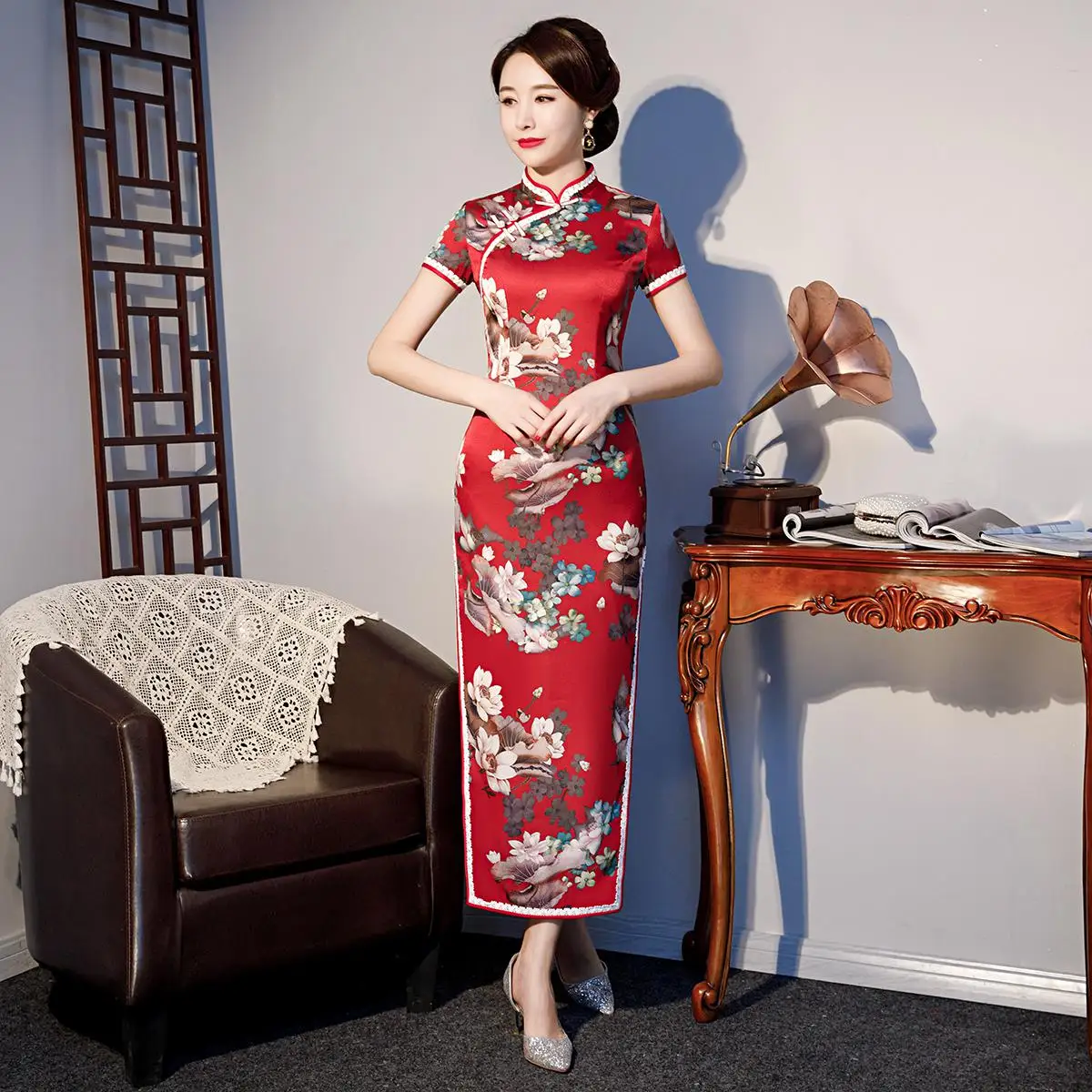 Новые весенние Атлас Для женщин Cheongsam Классический воротник-стойка платье с цветочным принтом пикантные Разделение район Ципао вечернее платья Vestido 3XL 4XL - Цвет: Style 1