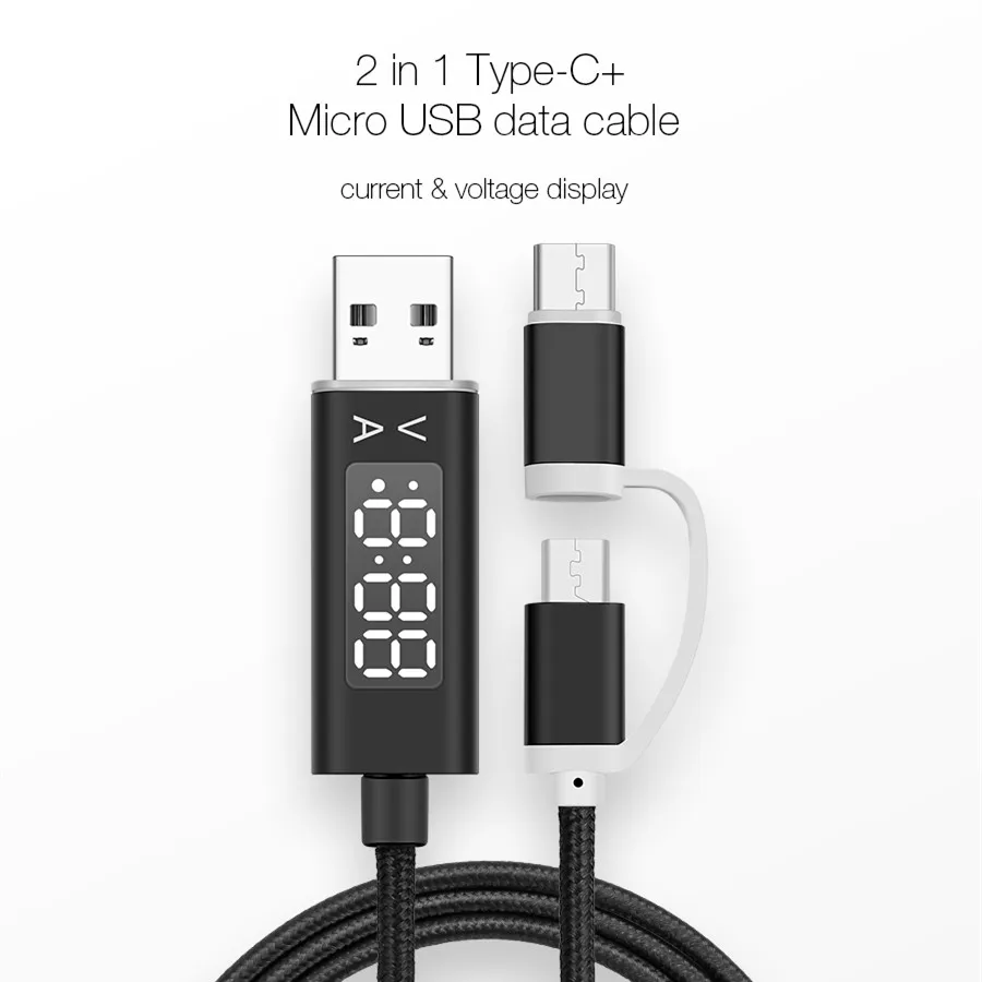 2-в-1 ток Напряжение Дисплей Тип C Micro USB Зарядное устройство кабель Кабель для передачи данных с оплеткой 1 м нейлон для samsung для Xiaomi быстрой зарядки