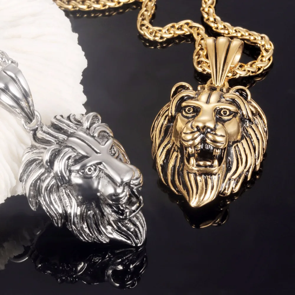 

Hip-Hop Jewelry Rocked Lion's Head Pendant Necklace in Stainless Steel - Silver, Gold