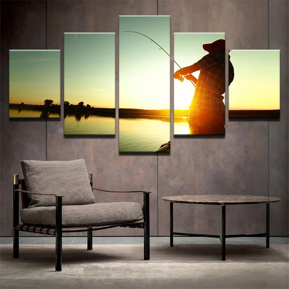 

Modern Painting Frame Art 5 Panel Fishing Poster Wall Modular Sunset Picture Home Decor Rob Print On Canvas For Living Room