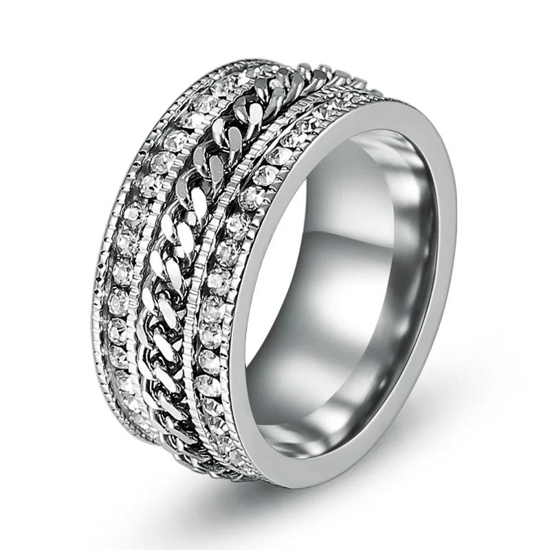 

10MM Stainless Steel Rings For Men Luxury Rhinestones Crystals Rotatable Chain Ring Fashion Punk Male Jewelry 2019 Birthday Gift