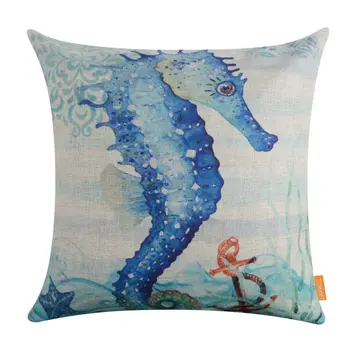 

LINKWELL 45x45cm Fashion Cartoon Nave Blue Seahorse Sea Coast Seaside Design Decoration Marine Pillowcase Burlap Cushion Cover