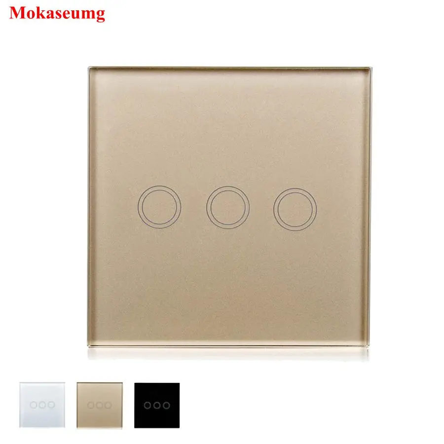 3 gang 1 way blk crystal glass panel touch sensing wall light switch, smart touch lamp switch ,touch screen switch EU