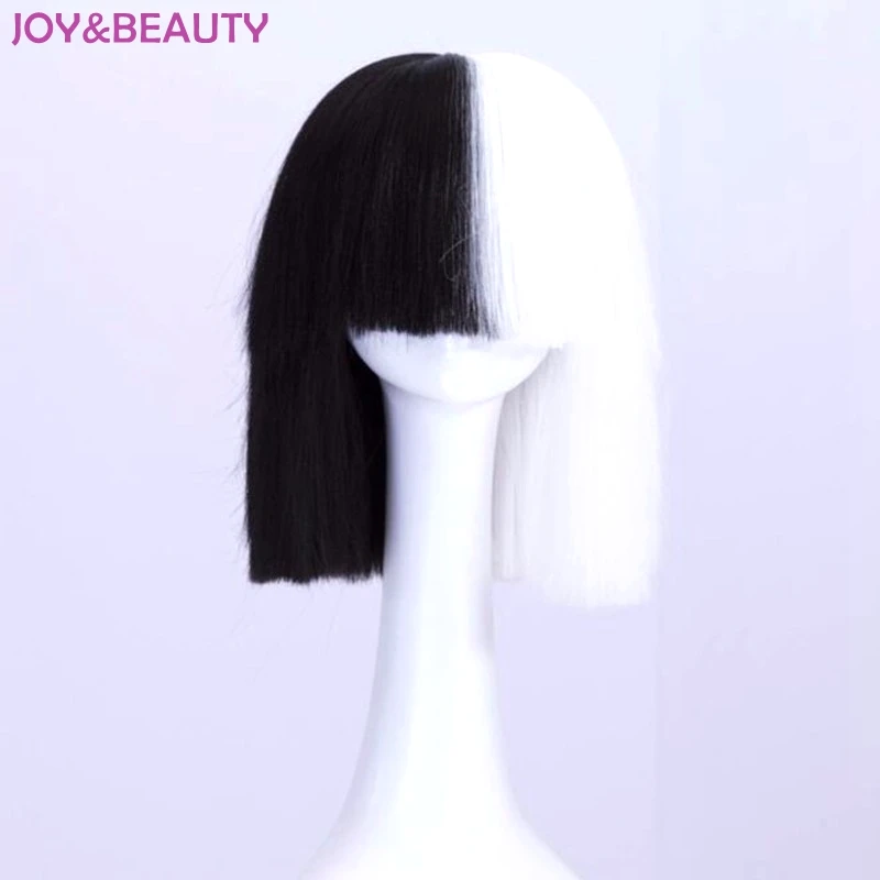

JOY&BEAUTY Hair Black White Black Golden Mix Short Straight Wig High Temperature Fiber Hair Sia Cosplay Wig 35cm Long