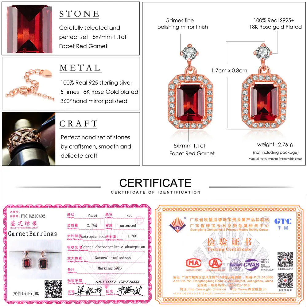 Серьги-капельки из стерлингового серебра S925, 100% натуральный гранат, красный квадратный камень 1,1 карат, для женщин, роскошные Brincos CCEI025 (art.: 7a8760508) - 7a8760508