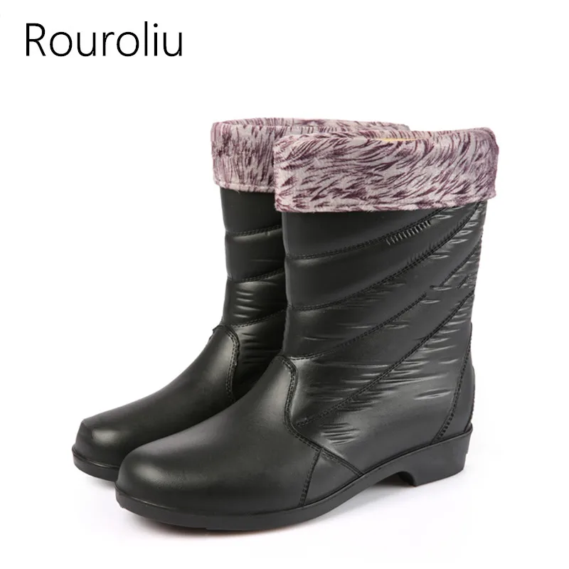 

Rouroliu Hot Women PVC Rain Boots Mid-calf Flat Heels Rainboots Waterproof Woman Winter Warm Water Shoes Wellies TR151