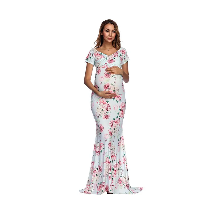 

VOGUEON Women Floral Print Summer Pregnant Dress Off Shoulder Short Sleeve Mermaid Clothing for Photography Lady Maxi Long Dress