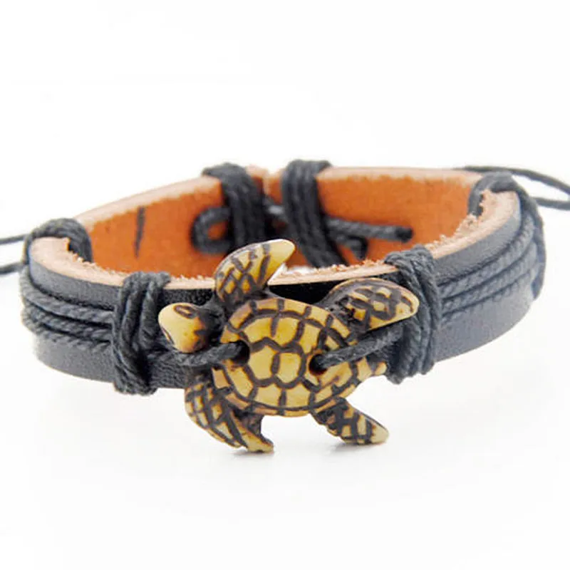 

Cool Tribal Imitation Bone Carved Cute sea turtles Leather Bracelets Surfer Bangle Gift MB154