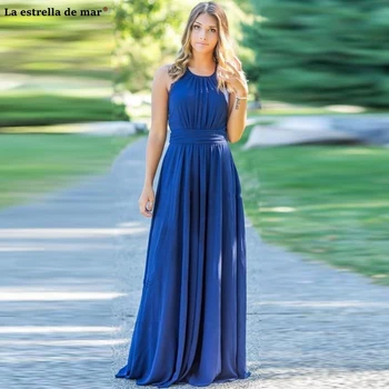 

Wedding guest dress new O-Neck lace chiffon back A line royal blue bridesmaid dress Floor-Length vestidos de madrinha