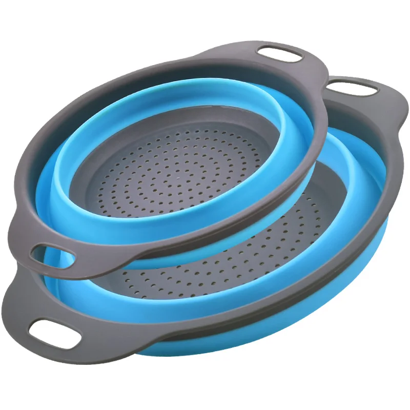 

2 pcs Foldable Silicone Colander Fruit Vegetable Washing Basket Strainer With Handle Kitchen Tool