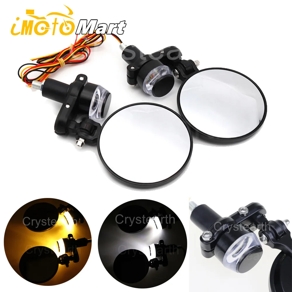 

Motorcycle Scooter Round Handle Bar End Rear View Mirrors LED Turn Signal Rear Side Mirror Universal Cafe Racer Chopper Cruiser