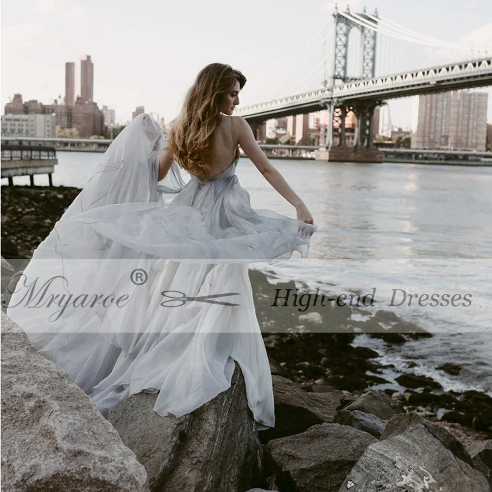 Mryarce 2019 Gray and Blue Printed Silk Chiffon Wedding Dress Hand-painted Fancy Open Back Bridal Gowns  (5)