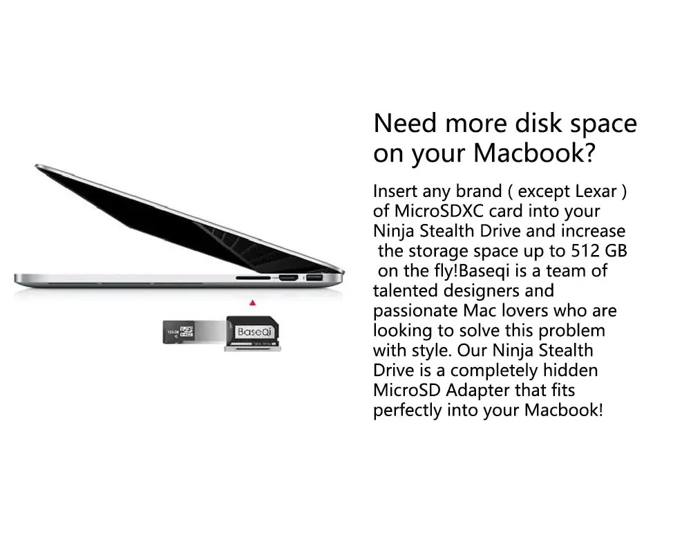 BaseQi NinjaDrive Micro SD кард-ридер 504A для MacBook Pro retina 15 дюймов/Mid /Late 2013/металлический изящный MiniDrive ридер