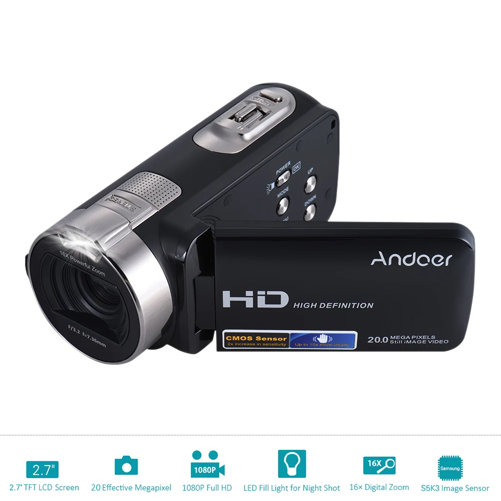 Andoer HDV 312P 1080P Full HD Digital Video Camera 2.7" Rotating LCD