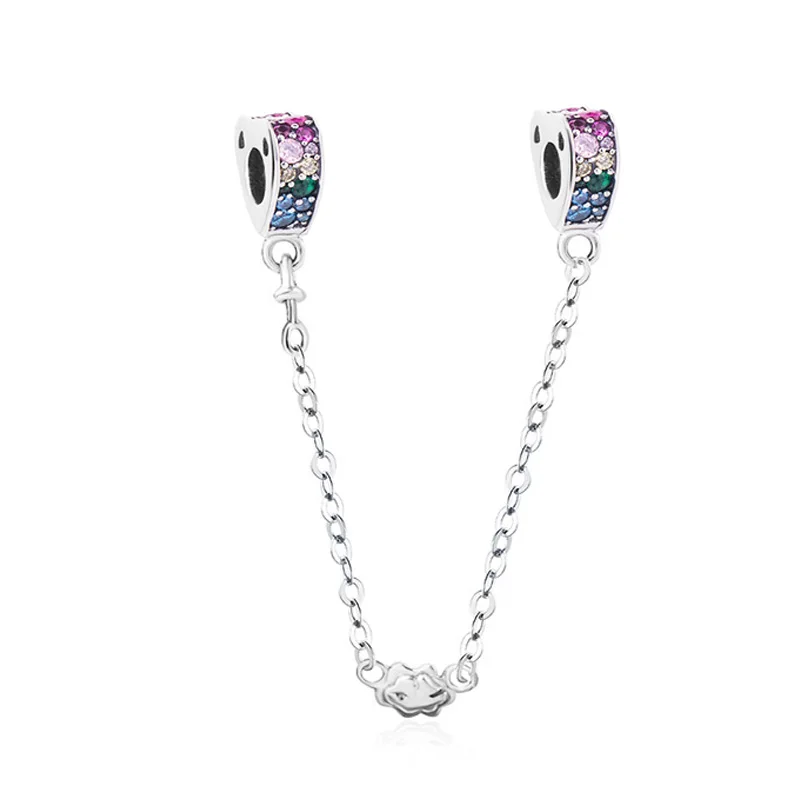 

S925 Silver CZ Love Heart Safety Chain Charms Pendant Bead Fit Sterling Silver Original Pandora Bracelets Bangles Christmas Gift