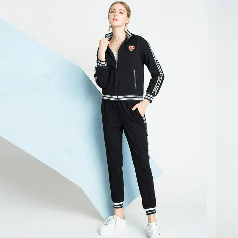 

Tracksuit Women 2018 Autumn Winter New Letter Striped Patchwork Long Sleeved Zipper Sweatshirt + Elastic Waist Pencil Pant Suits