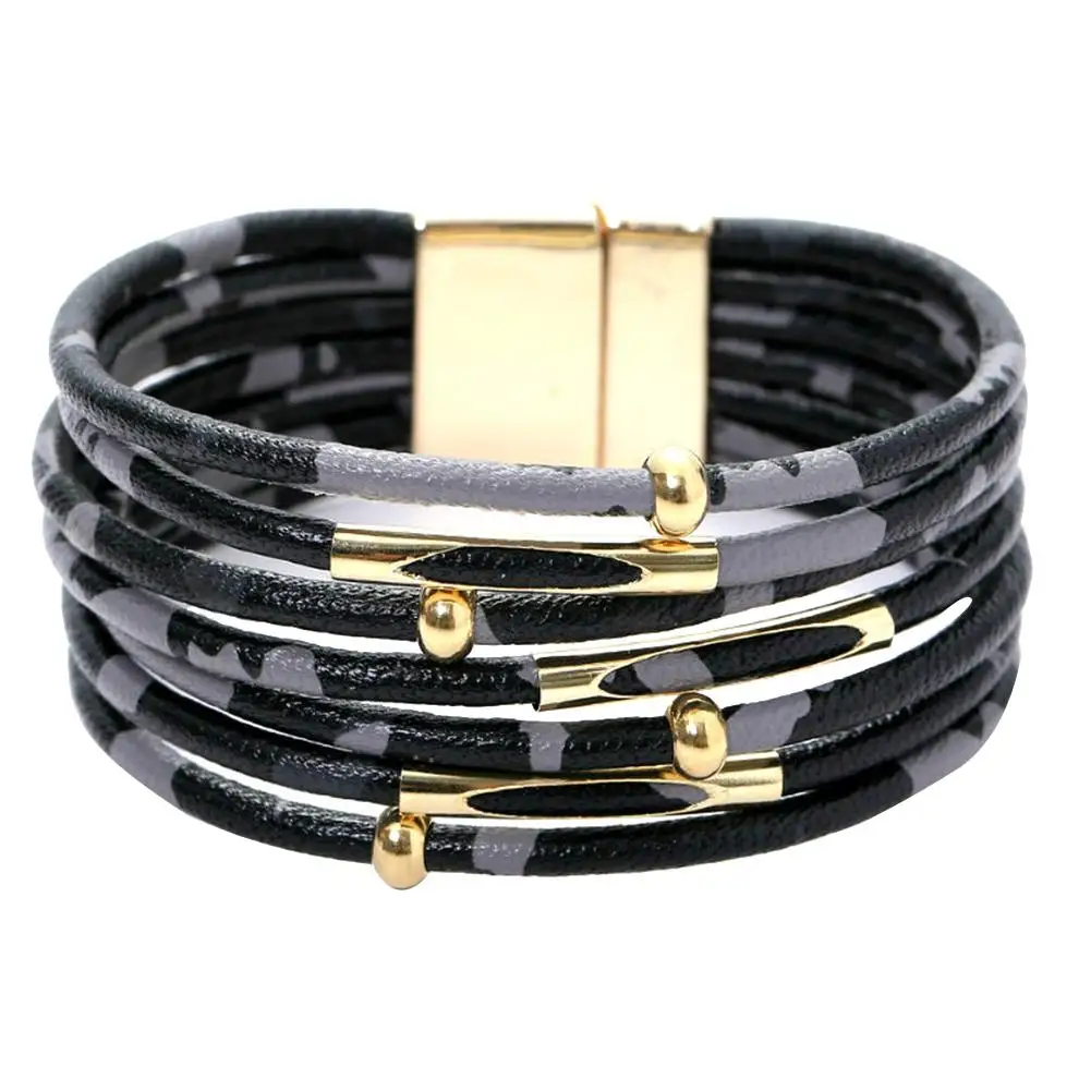 

Leopard Women Metal Pipe Charm Multi-layer Faux Leather Magnetic Bracelet