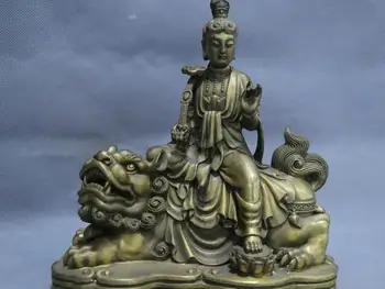 

7'' China Kwan-yin Guanyin Buddha Ride Foo Dog Lion Bronze Statue