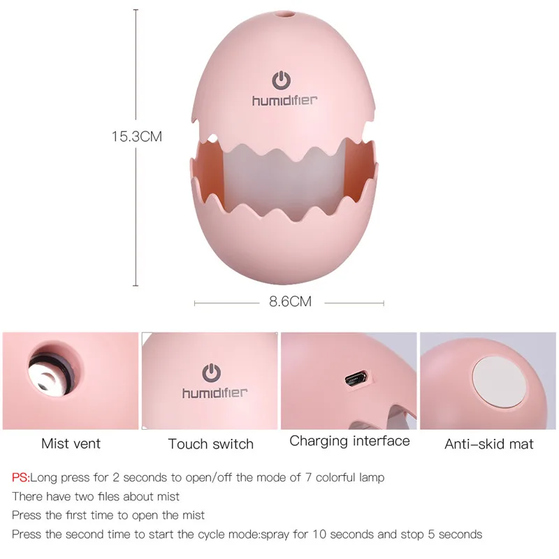 USB маленький увлажнитель воздуха яйцо Desktop увлажнитель с 7 цветов светодио дный светодиодные фонари Изменение и без шум для офис автомобиля