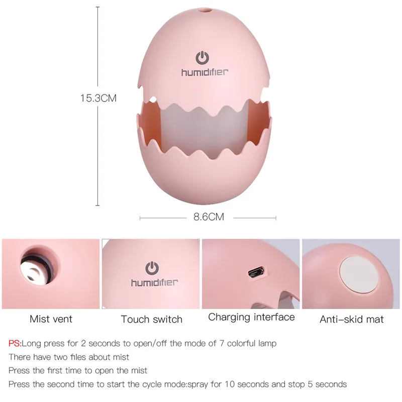

USB Mini Mist Humidifier Egg Desktop Humidifier with 7 Color LED Lights Changing and No Noise for Home Office Car Outdoor 34