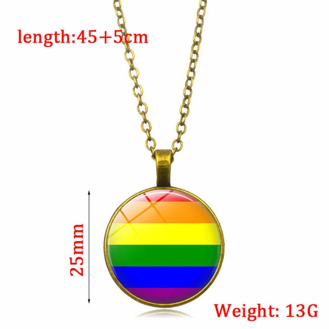 Fashion Gay Pride Alloy Round Circle Pendant Necklace Cabochon Glass Tile Rainbow Colorful Chain Unique Same Sex Charms Jewelry