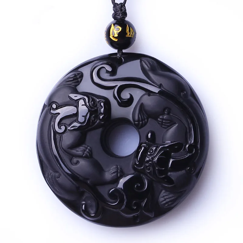 Прямая натуральный черный обсидиан Каменная Резная подвеска круг Pixiu Подвеска китайский дракон ожерелье для мужчин ювелирные изделия с кристаллами