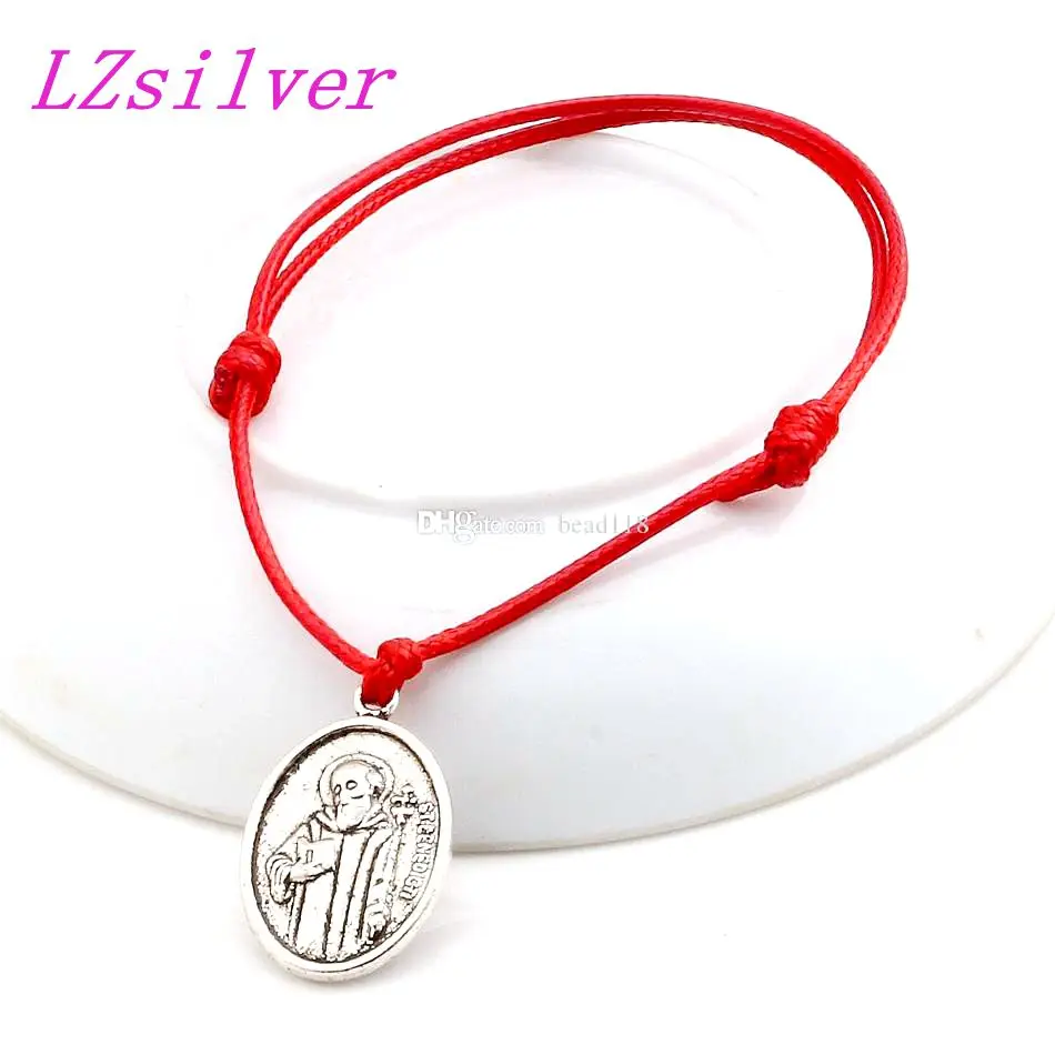 

Hot ! 10Pcs Adjustable Bracelets Red Waxes rope Antique silver Alloy st benedict Crucifix Cross Charm Adjustable Bracelet B-34