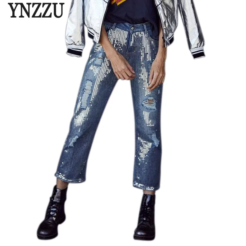 

YNZZU Plus Size Sequins Jeans Women 2018 New Spring Chic Straight Denim Jeans European Casual Ripped Hole Jeans Streetwear YB174
