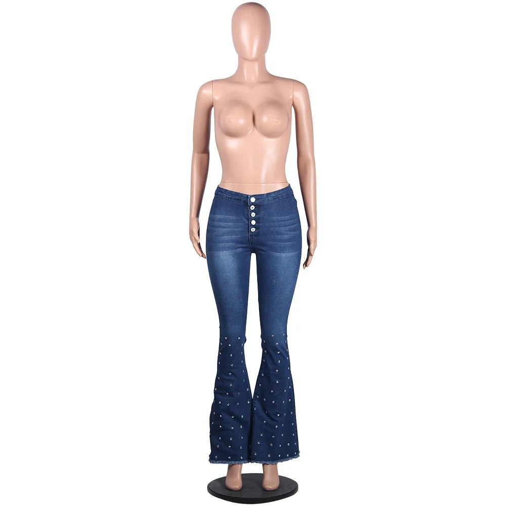 Блестящие стразы, сексуальные джинсовые брюки для женщин, высокая талия, облегающие брюки, уличная одежда, женские длинные расклешенные джинсы на пуговицах