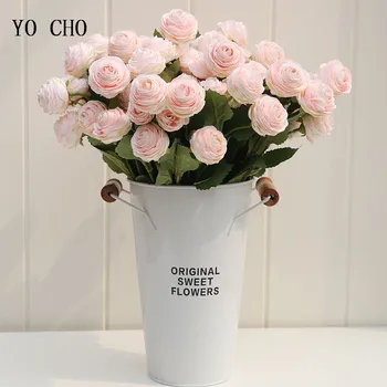 

YO CHO 3Heads Artificial White Roses Flowers Branch with Leaves Silk Flores Peonies for Indoor Home Table Decor Diy Wedding