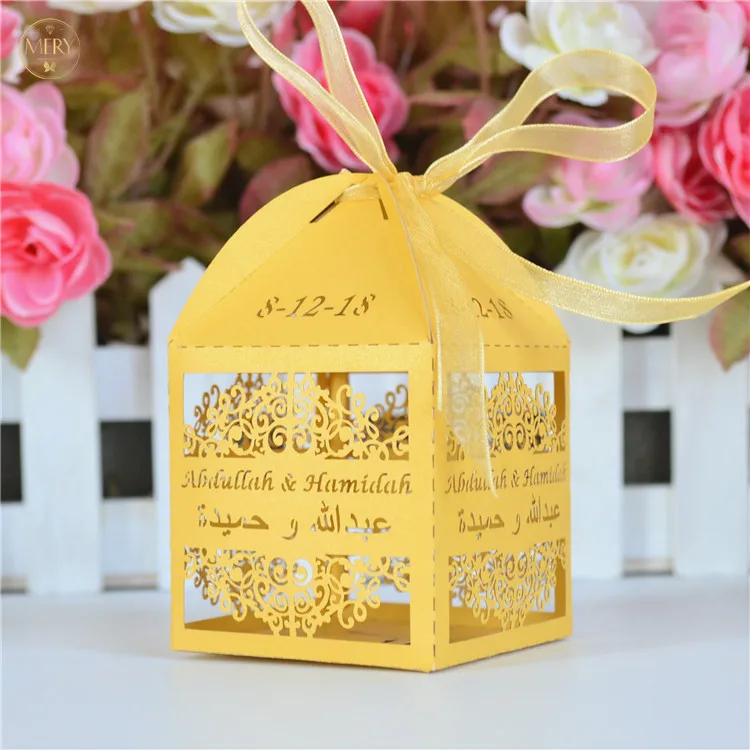 

Personalized laser cut gold pearl paper indian wedding favor box