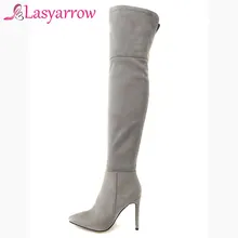 Lasyarrow Coxa Botas Altas do Estilete Salto Alto Zíper Longas Botas Feminina Magro Sexy das Mulheres Sobre o Joelho Botas Cavaleiro tamanho 32-46