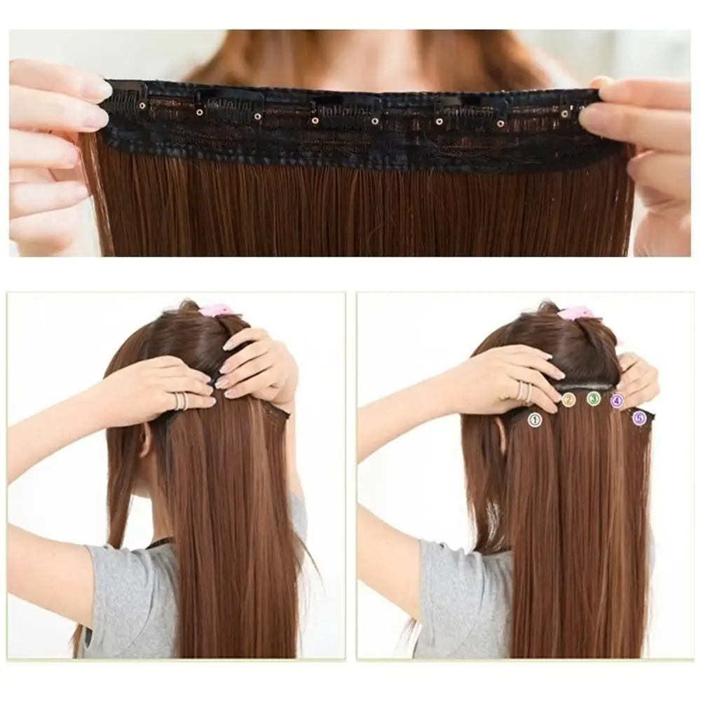 SNOILITE 23-26inch Long Straight Women Clip in one piece Hair Extensions synthetic Black Brown clip ins fake hair piece