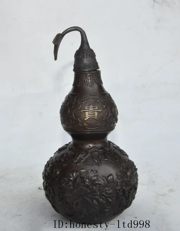 

Crafts statue chinese pure bronze Carved Flower Gourd statue Bottle Pot Jar Wine vessel Vase Halloween